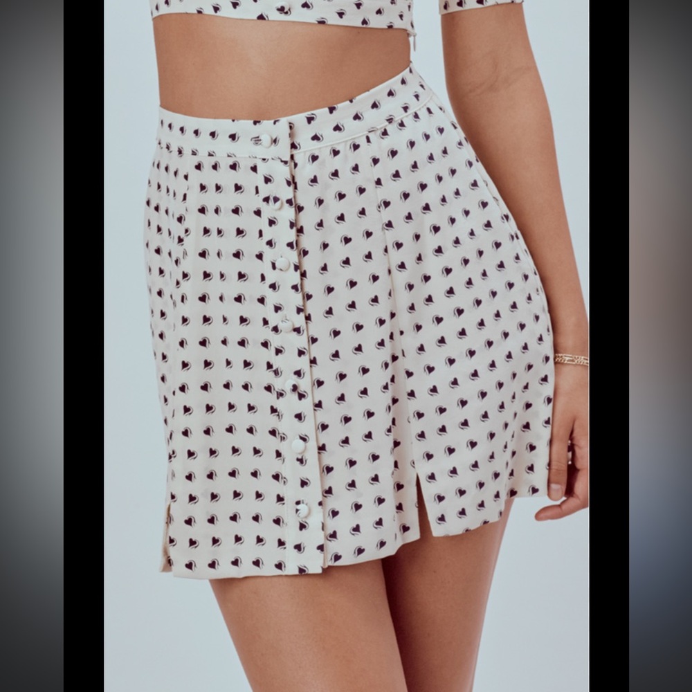For Love & Lemons - Mini Skirt - Off White with Black Hearts -M